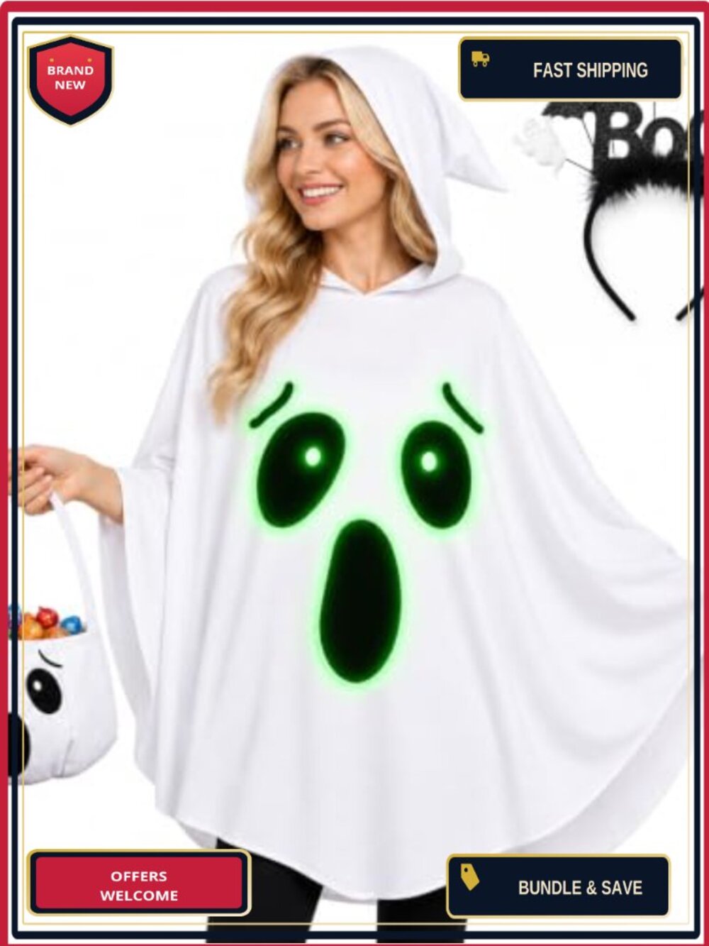 Glow in the Dark Ghost Poncho Costume Set with BOO Headband & Candy Bag